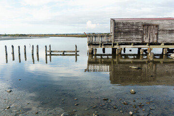 Wall Mural - Old timber wharf and shed on lagoon