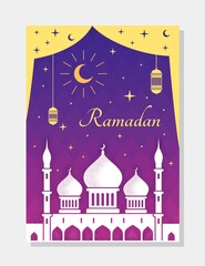 Wall Mural - Ramadan Kareem concept. Islamic greeting card with white mosque, purple background and crescent moon. Muslim religious holiday. Design for wallpaper or social network. Cartoon flat vector illustration