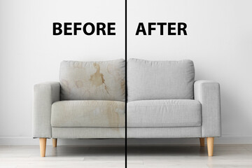 Canvas Print - Sofa before and after dry-cleaning in room