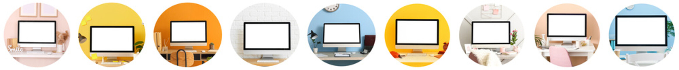 Set of computer monitors on white background