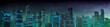 © RocknRoller Studios - Futuristic Cityscape with Green and Blue Neon lights. Night scene with Visionary Architecture.