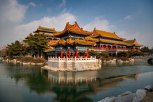 Taoist Temple On The Lake In Sanxian Mountain Scenic Area, Penglai, Yantai, Shandong, China, Copy Space For Text, Blue Sky