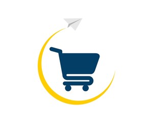 Wall Mural - Circular swoosh with paper plane with shopping cart inside