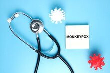 A Picture Of Notepad Written Monkeypox, Stethoscope And 3D Virus Insight. Monkeypox Is Virus Transmitted To Humans From Animals With Symptoms Very Similar To Those Seen In The Past In Smallpox.