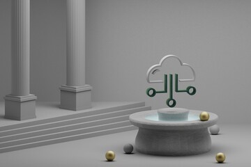 Poster - Beautiful abstract illustrations Cloud symbol icon on a fountain and column background. 3d rendering illustration. Seo And Business.