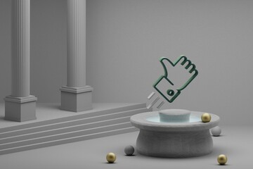 Poster - Beautiful abstract illustrations Thumbs Up symbol icon on a fountain and column background. 3d rendering illustration. Seo And Business.