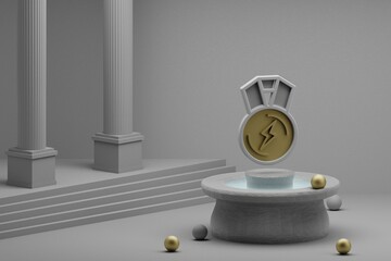 Poster - Beautiful abstract illustrations lightning medal symbol icon on a fountain and column background. 3d rendering illustration