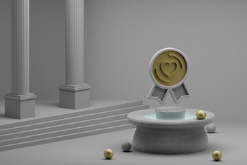 Poster - Beautiful abstract illustrations heart Badge symbol icon on a fountain and column background. 3d rendering illustration