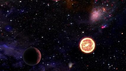 Wall Mural - Space flight slowly moving through universe among planets galaxies stars and nebulae