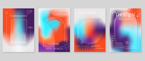 Abstract gradient fluid liquid cover template. Set of modern poster with vibrant graphic color, hologram, circle bubbles, star elements. Minimal style design for brochure, flyer, wallpaper, banner.