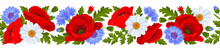 Horizontal Seamless Border With Pattern Of Red Poppy Flowers, Blue Cornflowers, White Daisies, Leaves And Poppy Seed Pods On A White Background. Vector Illustration