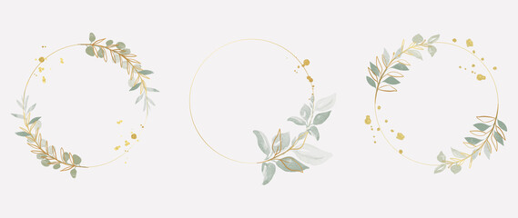 Wall Mural - Luxury botanical gold wedding frame elements on white background. Set of circle shapes, glitters, eucalyptus leaves, leaf branches. Elegant foliage design for wedding, card, invitation, greeting.