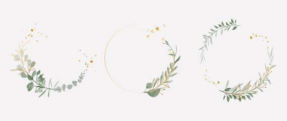 Wall Mural - Luxury botanical gold wedding frame elements on white background. Set of circle shapes, glitters, eucalyptus leaves, leaf branches. Elegant foliage design for wedding, card, invitation, greeting.