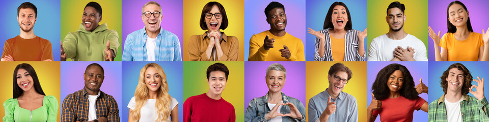 Poster - Excited Happy Multiethnic Men And Women Posing Over Colorful Studio Backgrounds