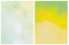Delicate Abstract Oil Painting Style Vector Layouts. Light Lime Green, White And Yellow Stains Background. Modern Bright And Pastel Color Vector Print Set Ideal For Cover, Layout.