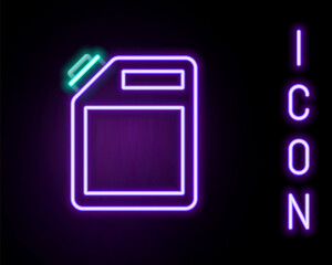 Sticker - Glowing neon line Canister for gasoline icon isolated on black background. Diesel gas icon. Colorful outline concept. Vector