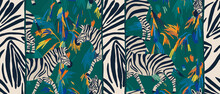 Hand Drawn Abstract Jungle Collage Pattern With Zebras. Artistic Vintage Style Print. Fashionable Template For Design.