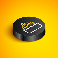 Sticker - Isometric line Cruise ship icon isolated on yellow background. Travel tourism nautical transport. Voyage passenger ship, cruise liner. Worldwide cruise. Black circle button. Vector