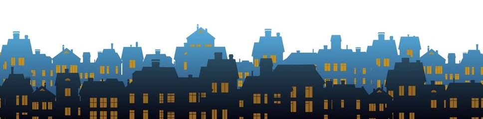 Wall Mural - Silhouettes of village houses with luminous windows. Small city houses residential quarters. Cityscape with buildings. Isolated on white background. Housing Vector