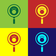 Pop Art Paw Search Icon Isolated On Color Background. Magnifying Glass With Animal Footprints. Vector