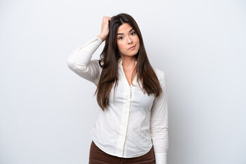 Wall Mural - Young Brazilian woman isolated on white background with an expression of frustration and not understanding