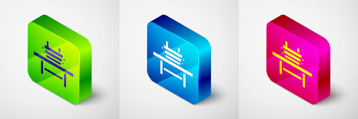 Canvas Print - Isometric Sauna bench with bucket icon isolated on grey background. Square button. Vector