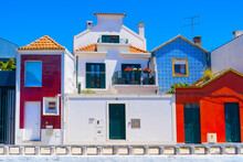 Beautiful Building Facades Of Typical Portugal Multicolored Houses In Aveiro City. Portugal