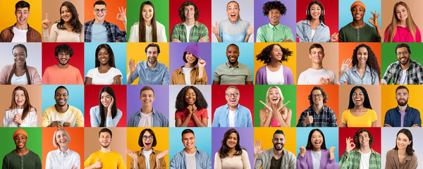 Smiling millennial and senior international men and women make gestures and signs with hands