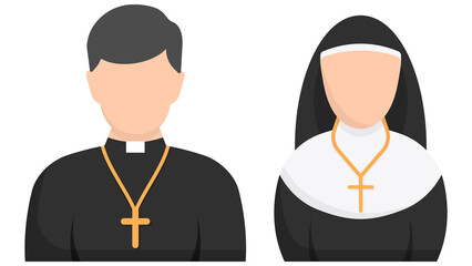 Catholic priest and nun flat icon. Vector illustration.