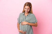 Young Uruguayan Woman Isolated On Blue Background Pregnant
