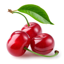 Cherry Isolated. Cherries With Leaf On White Background. Three Sour Cherri On White. Cherry Leaf. Full Depth Of Field.