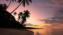 Fiji Tropical Paradise Warm Orange Sunrise Beach Palm Trees - Aerial Footage