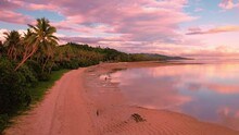Fiji Aerial Footage Warm Sunset Over Sandy Beach Tropical Paradise At Maui Bay