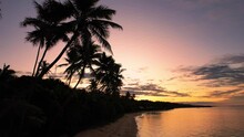 Fiji Aerial Footage Of Golden Sunrise Over Beach Palm Trees In Tropical Paradise