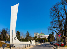 Monument To World War II Polish Underground State And Home Army In Front Of Sejm Chamber Of Parliament In Srodmiescie Ujazdow District Of Warsaw, Poland