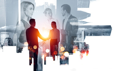 Canvas Print - Teamwork in international company, silhouette and buildings with