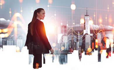 Wall Mural - Businesswoman in suit walking, forex candlesticks and cityscape