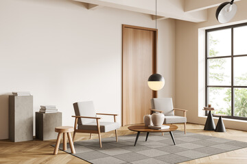 Light living room interior with armchair, coffee table, window and mockup