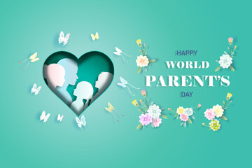 Happy World Parents Day with Mom and Father, Children's and Butterfly.