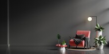 Interior Wall Mockup In Dark Tones With Red Armchair On Black Wall Background.