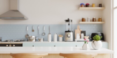 Wood table top on blur kitchen room background,Modern Contemporary kitchen room interior.