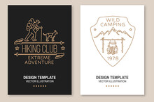 Hiking Club Extreme Adventure. Wild Camping. Vector. Set Of Line Art Flyer, Brochure, Banner, Poster With Camper Tent, Pot On The Fire, Mountain Hiker, Dog And Hiking Stick.