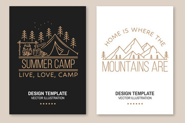 Wall Mural - home is where the mountains are. summer camp. vector illustration. set of line art flyer, brochure, 