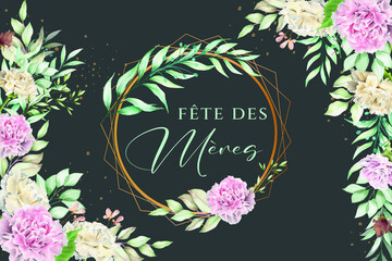 Wall Mural - carte ou bandeau sur la fête des mères en vert dans un cercle de couleur or avec des feuilles de fougères une pivoine rose sur un fond noir avec de chaque côté des feuilles et fleurs