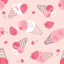 Vintage Seamless Pattern With Ice Cream And Berries. Retro Groovy Print For Fabric, Paper, T-shirt. Aesthetic Vector Background For Decor And Design.