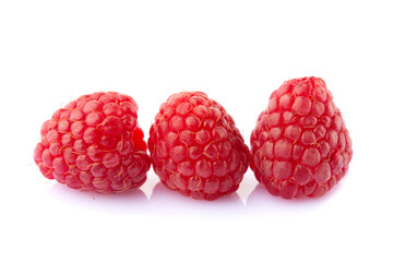 Wall Mural - Raspberries macro closeup isolated on white background	