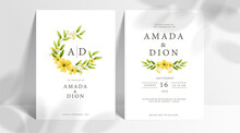 Minimal Wedding Invitation Card Set Template With Yellow Flowers And Leaves Watercolor In White Background