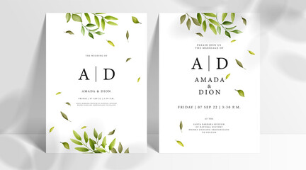 Minimal wedding invitation card set template with leaves watercolor in white background