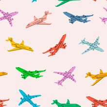 Airplane Flying In The Sky. Bright Colorful Silhouettes Of Passenger Planes. Vacation, Fast Travel, Transportation Concept. Hand Drawn Modern Vector Seamless Pattern. Square Background, Wallpaper