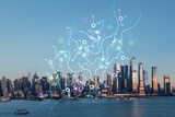 Fototapeta  - New York City skyline from New Jersey over Hudson River with Hudson Yards skyscrapers at sunset. Manhattan, Midtown. Artificial Intelligence concept. AI, machine learning, neural network, robotics